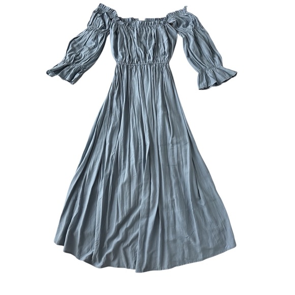 Anna-Kaci Dress Womens Small Blue Off Shoulder Crinkle Hi Low‎ Maxi Peasant Boho - Picture 7 of 7
